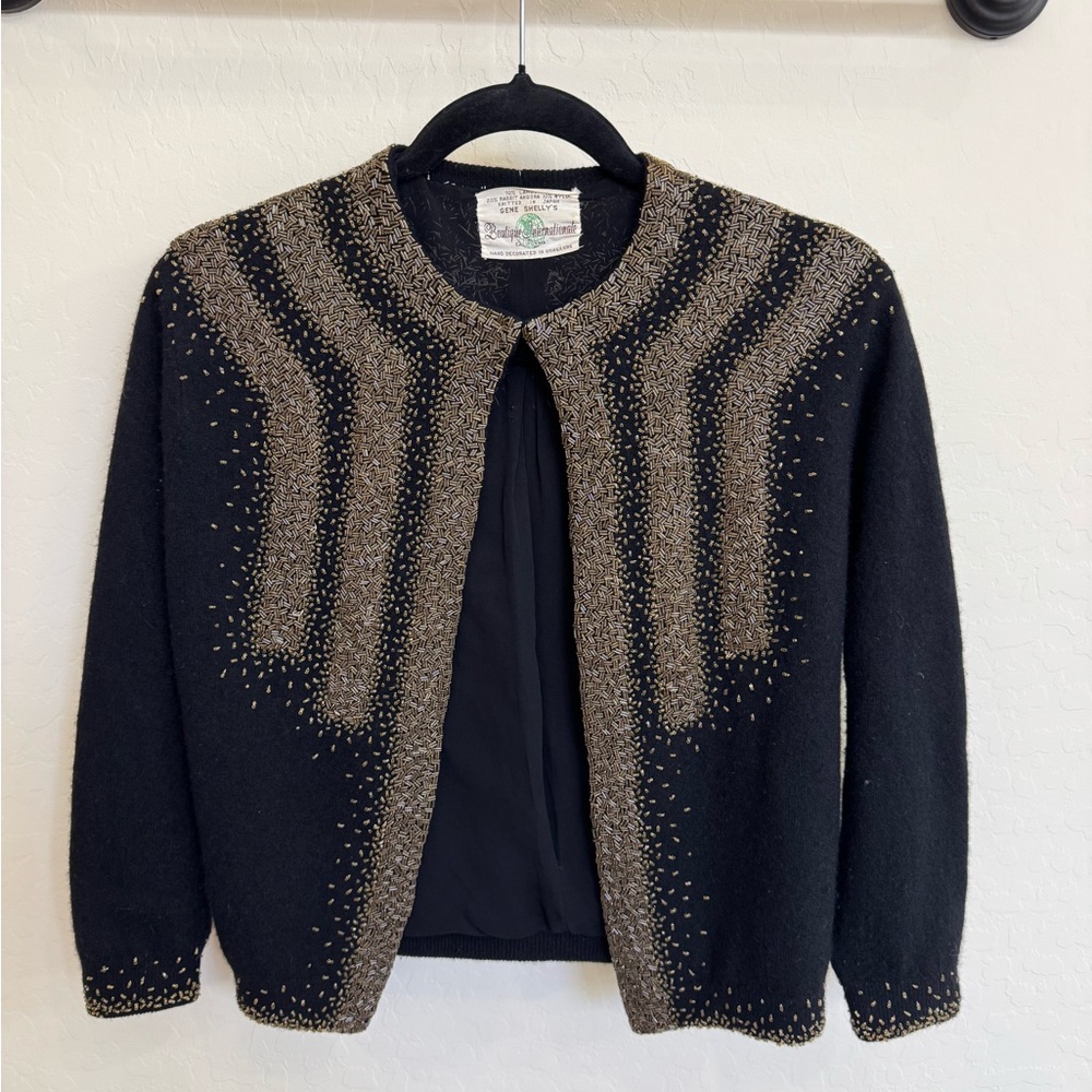 Vintage Gene Shelly’s Elegant Beaded Black and Gold Women's Cardigan